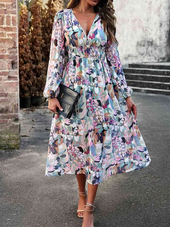 🌸 Printed V-Neck Long Sleeve Midi Dress 🌸