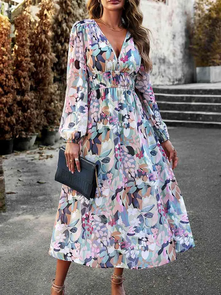 🌸 Printed V-Neck Long Sleeve Midi Dress 🌸