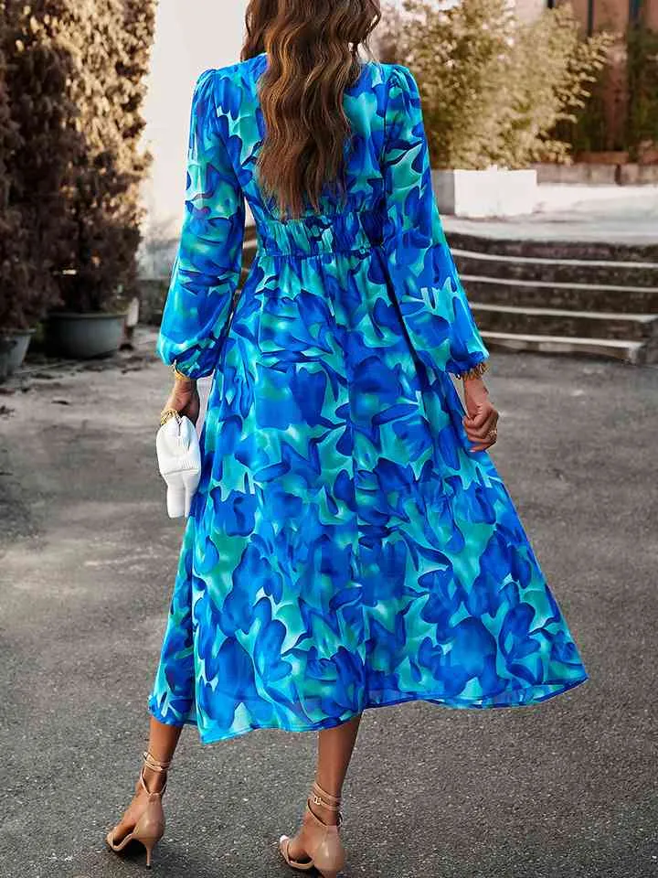 🌸 Printed V-Neck Long Sleeve Midi Dress 🌸