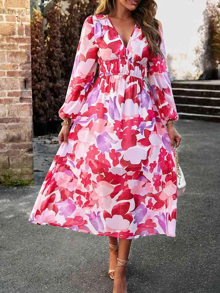 🌸 Printed V-Neck Long Sleeve Midi Dress 🌸