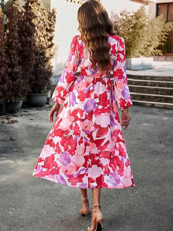 🌸 Printed V-Neck Long Sleeve Midi Dress 🌸