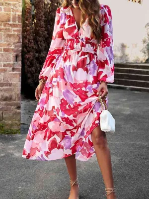 🌸 Printed V-Neck Long Sleeve Midi Dress 🌸