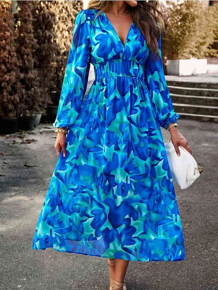 🌸 Printed V-Neck Long Sleeve Midi Dress 🌸