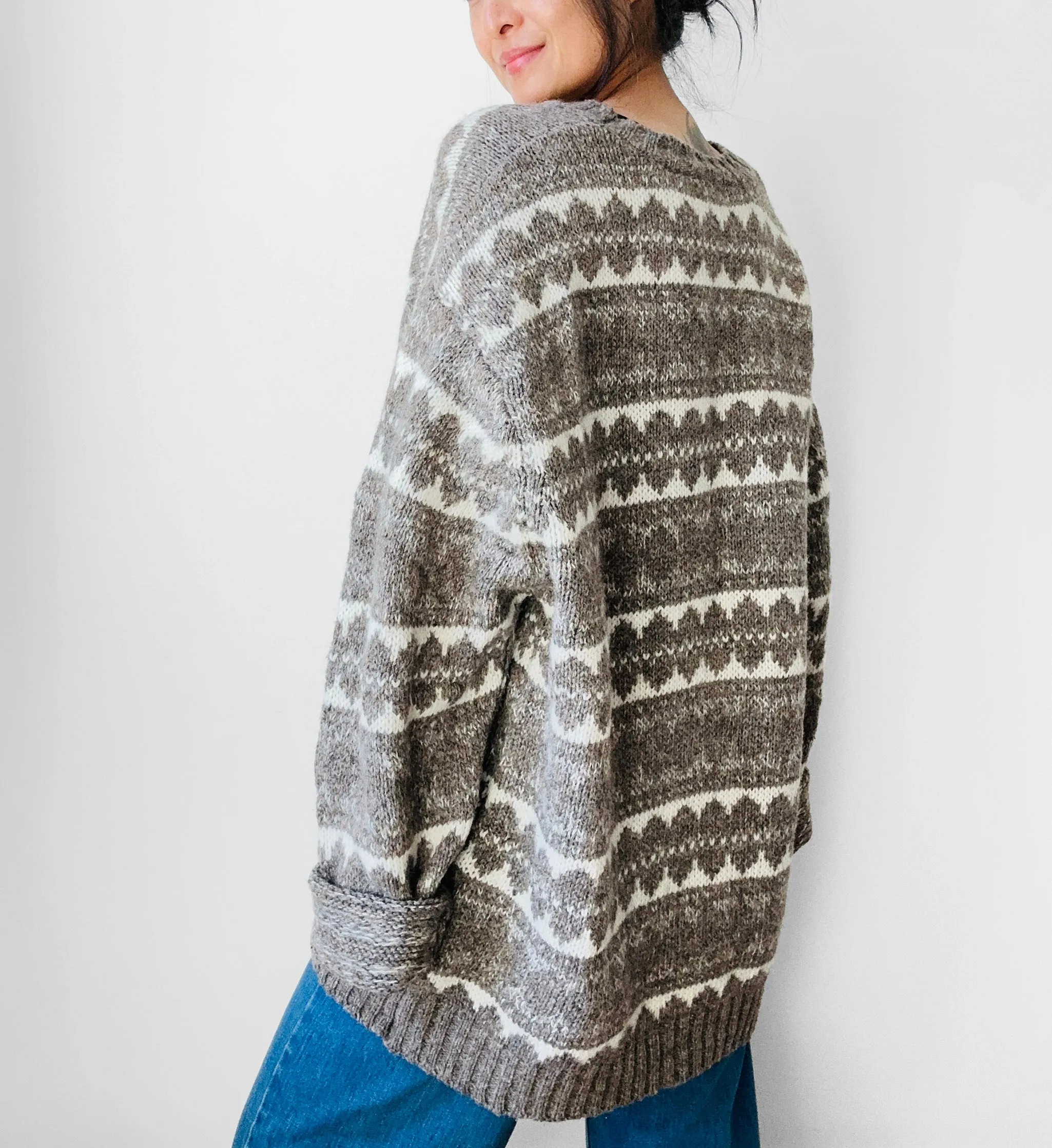 1980s Taupe Grey Wool Patterned Pullover Knit Sweater - O/S