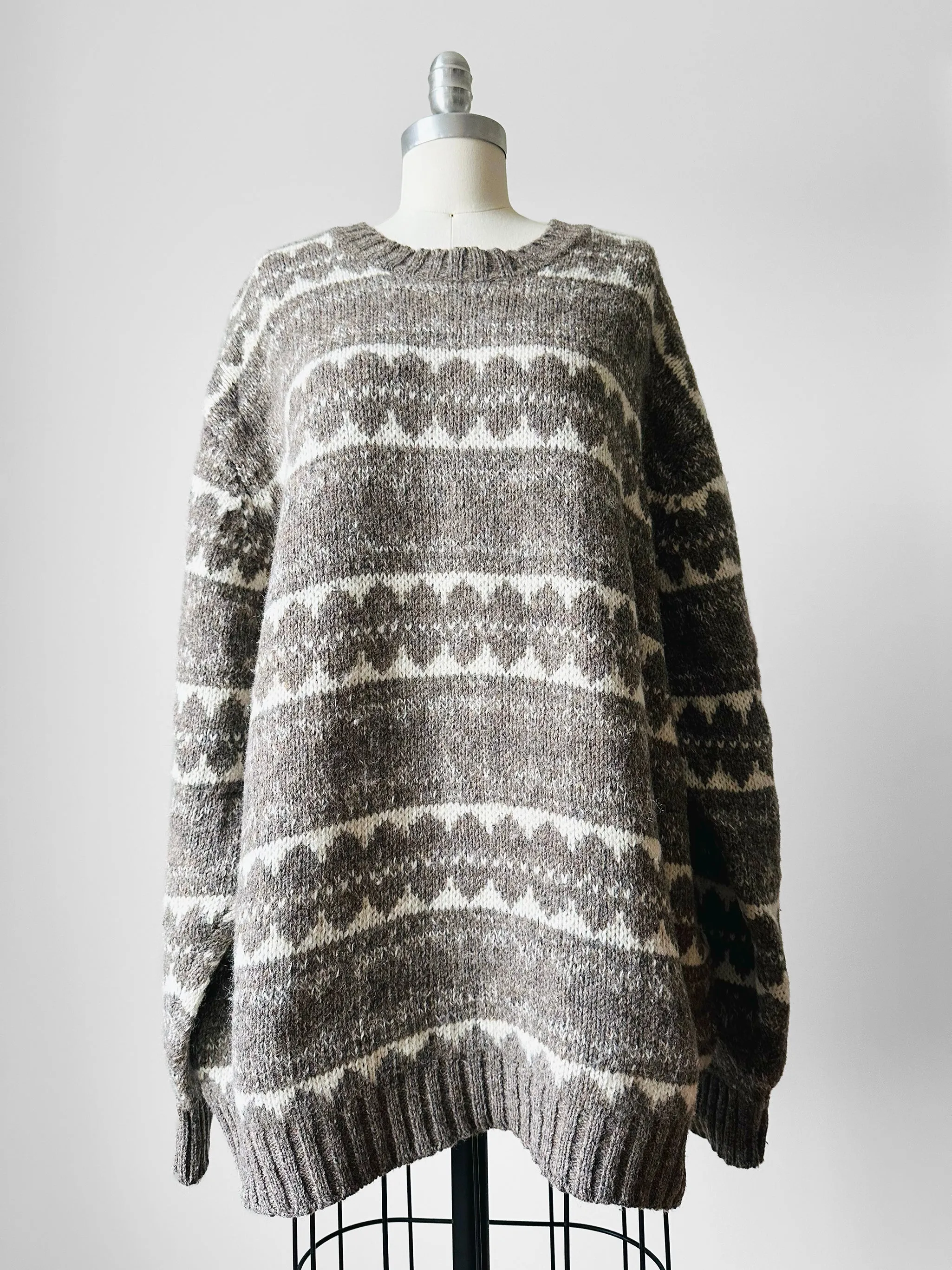 1980s Taupe Grey Wool Patterned Pullover Knit Sweater - O/S
