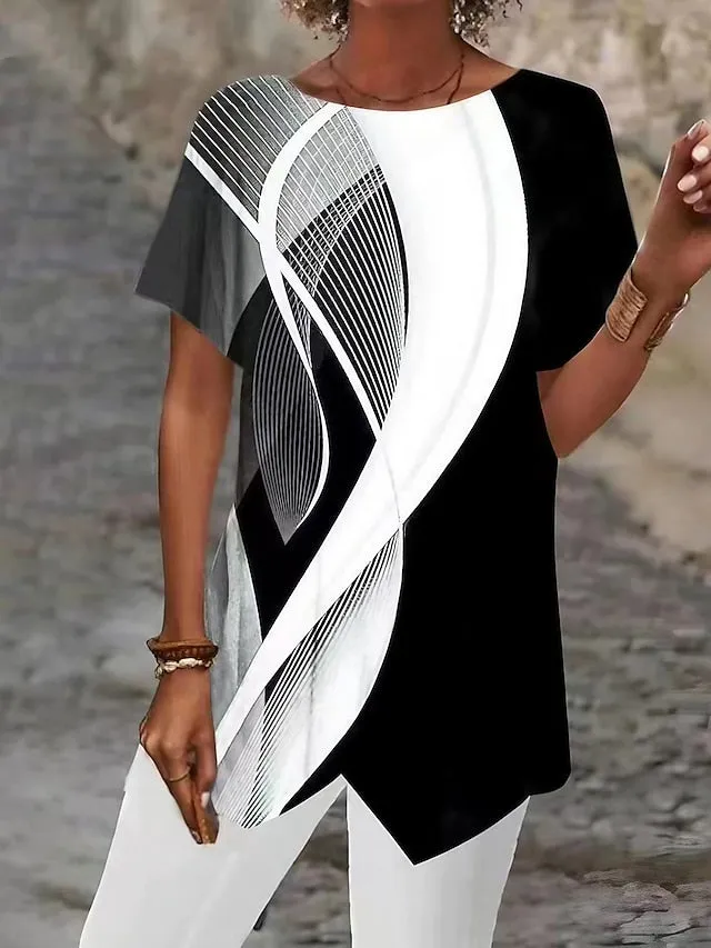 Abstract Graphic Print Women's Asymmetric Shirt Blouse - Silver Black White