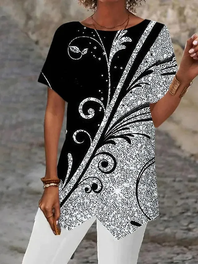 Abstract Graphic Print Women's Asymmetric Shirt Blouse - Silver Black White