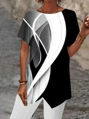 Abstract Graphic Print Women's Asymmetric Shirt Blouse - Silver Black White