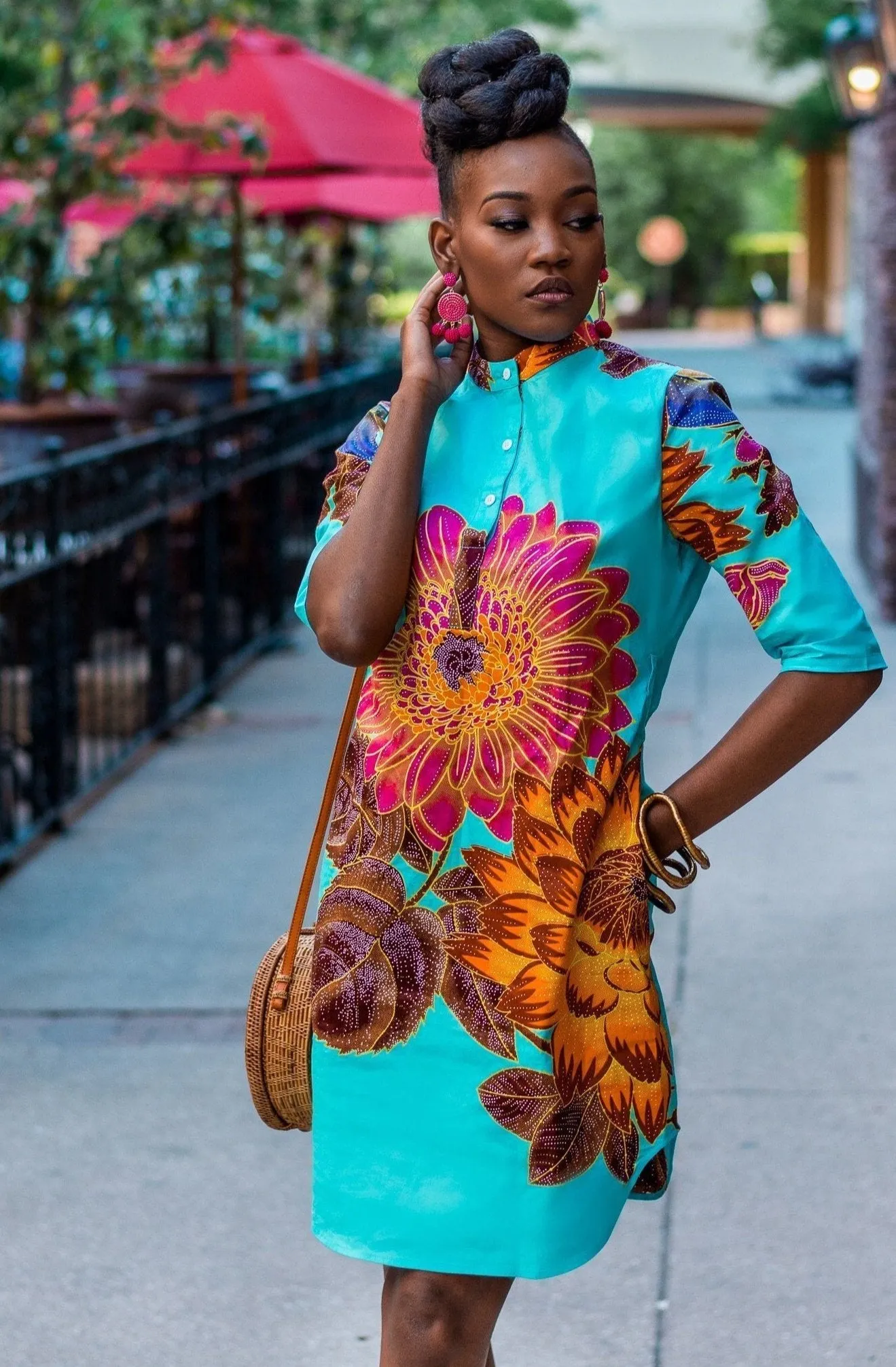 African Print  Omoye Shirt Dress - Light Blue