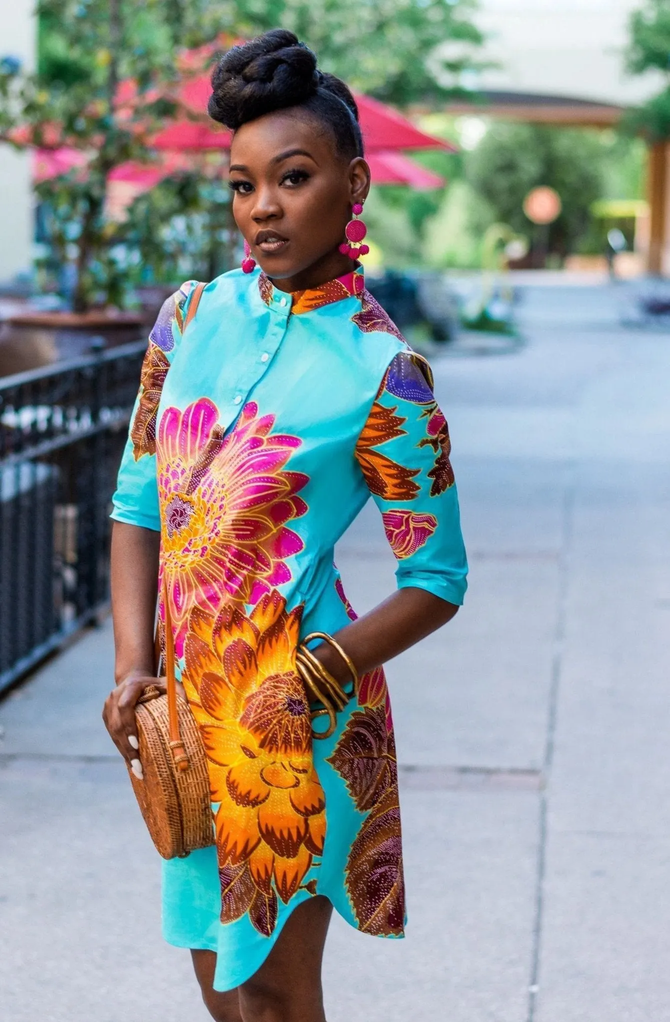 African Print  Omoye Shirt Dress - Light Blue