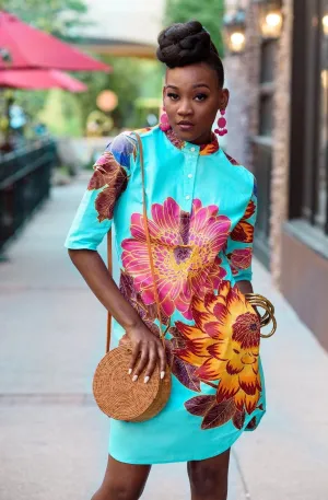 African Print  Omoye Shirt Dress - Light Blue