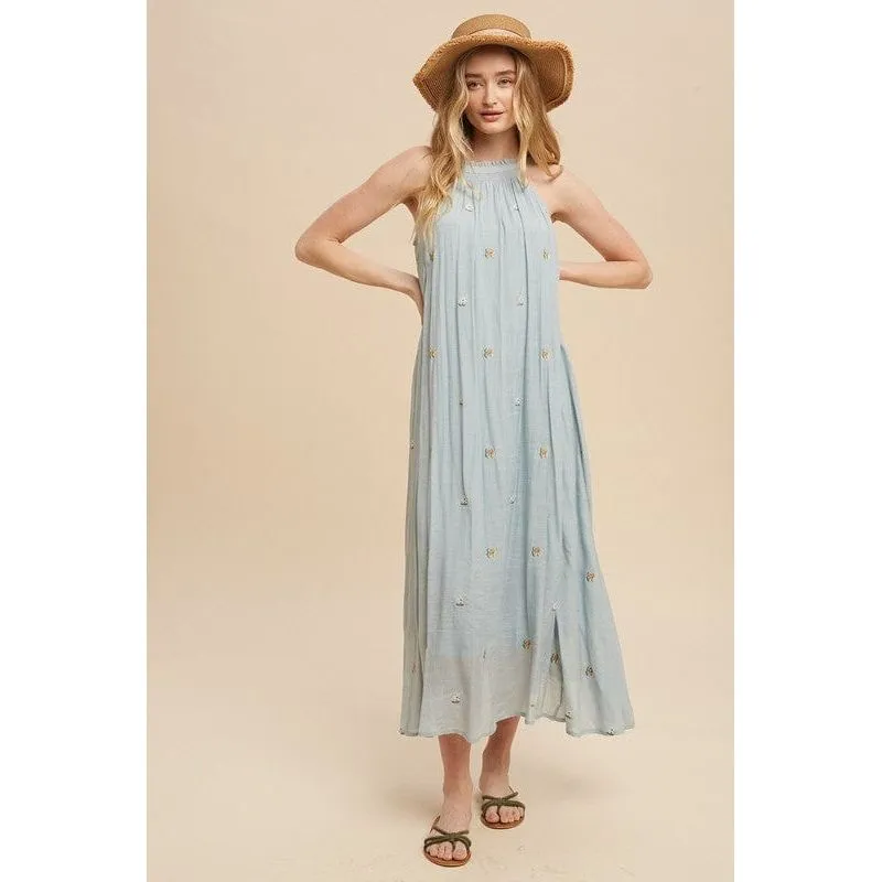 All over embroidered tie neck midi dress