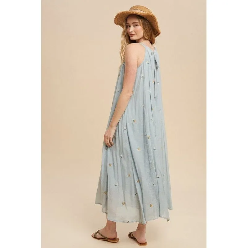 All over embroidered tie neck midi dress