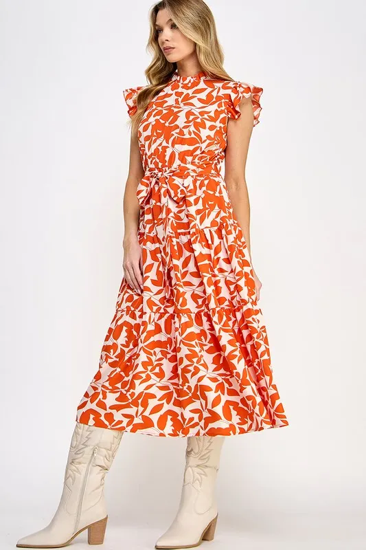 Allover Flower Print Ruffle Sleeves Belted Dress