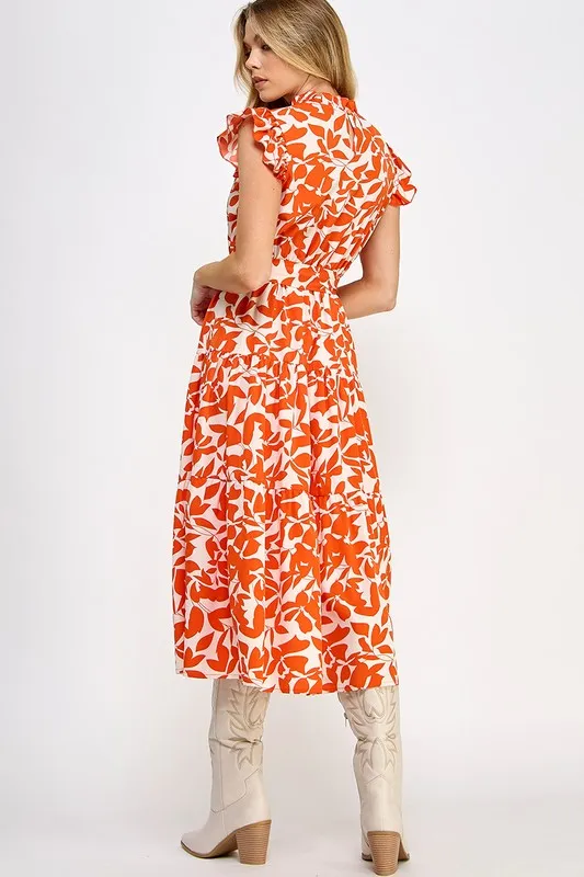 Allover Flower Print Ruffle Sleeves Belted Dress