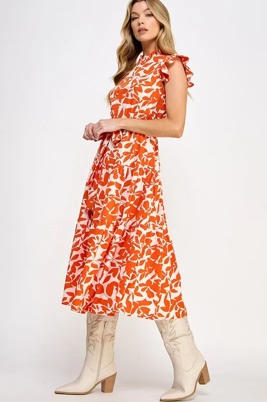 Allover Flower Print Ruffle Sleeves Belted Dress