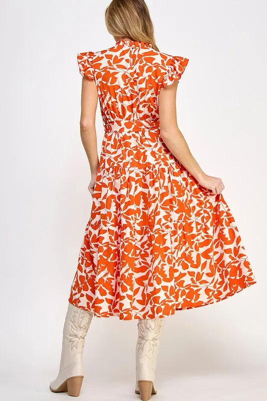 Allover Flower Print Ruffle Sleeves Belted Dress