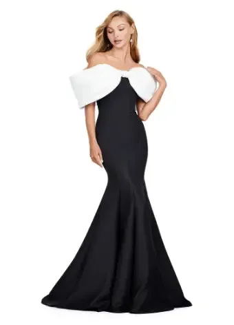 Ashley Lauren 11413 Evening Gown Mermaid Dress Off Shoulder Double Faced Satin Gown Oversized Bow Formal