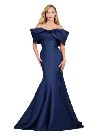Ashley Lauren 11413 Evening Gown Mermaid Dress Off Shoulder Double Faced Satin Gown Oversized Bow Formal
