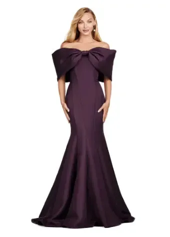 Ashley Lauren 11413 Evening Gown Mermaid Dress Off Shoulder Double Faced Satin Gown Oversized Bow Formal