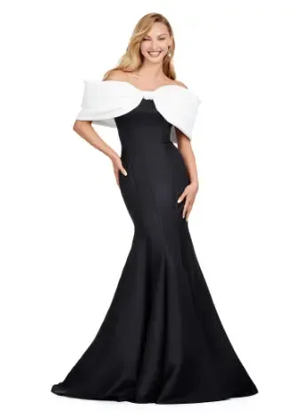 Ashley Lauren 11413 Evening Gown Mermaid Dress Off Shoulder Double Faced Satin Gown Oversized Bow Formal