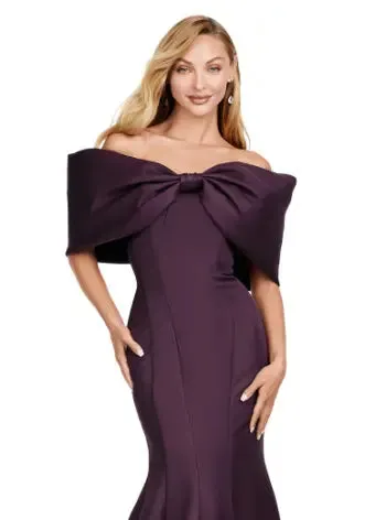 Ashley Lauren 11413 Evening Gown Mermaid Dress Off Shoulder Double Faced Satin Gown Oversized Bow Formal