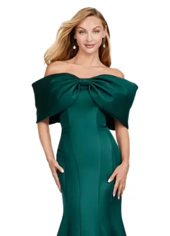 Ashley Lauren 11413 Evening Gown Mermaid Dress Off Shoulder Double Faced Satin Gown Oversized Bow Formal