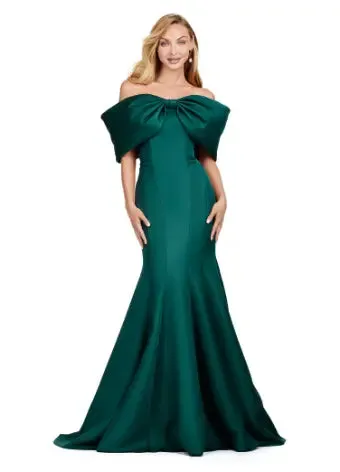 Ashley Lauren 11413 Evening Gown Mermaid Dress Off Shoulder Double Faced Satin Gown Oversized Bow Formal