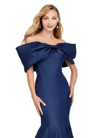Ashley Lauren 11413 Evening Gown Mermaid Dress Off Shoulder Double Faced Satin Gown Oversized Bow Formal