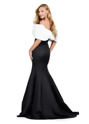 Ashley Lauren 11413 Evening Gown Mermaid Dress Off Shoulder Double Faced Satin Gown Oversized Bow Formal