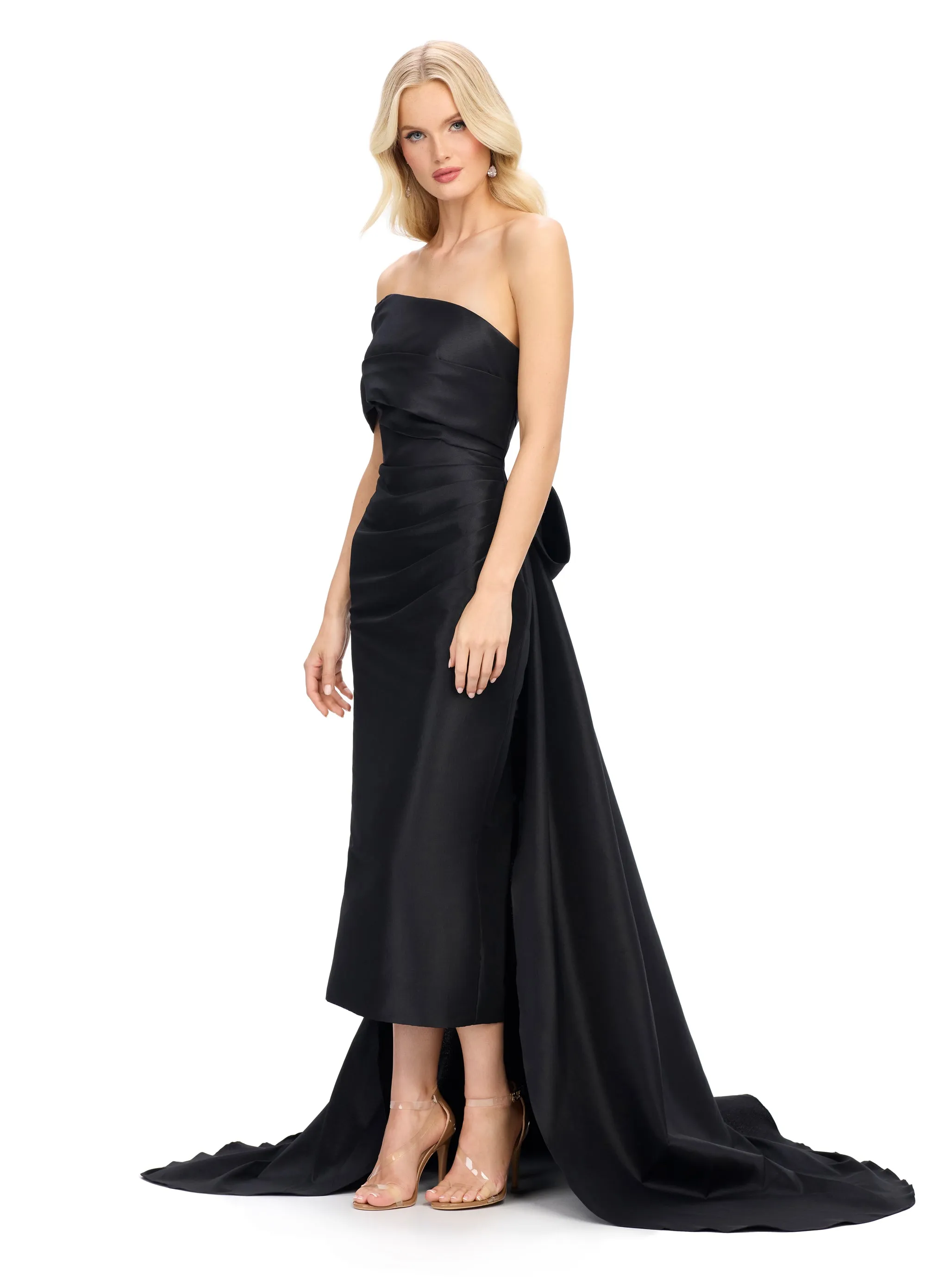 Ashley Lauren 11727 One Shoulder Evening Gown Wrap Strap Sheath Dress with Half Bow Leading to Overskirt with Train