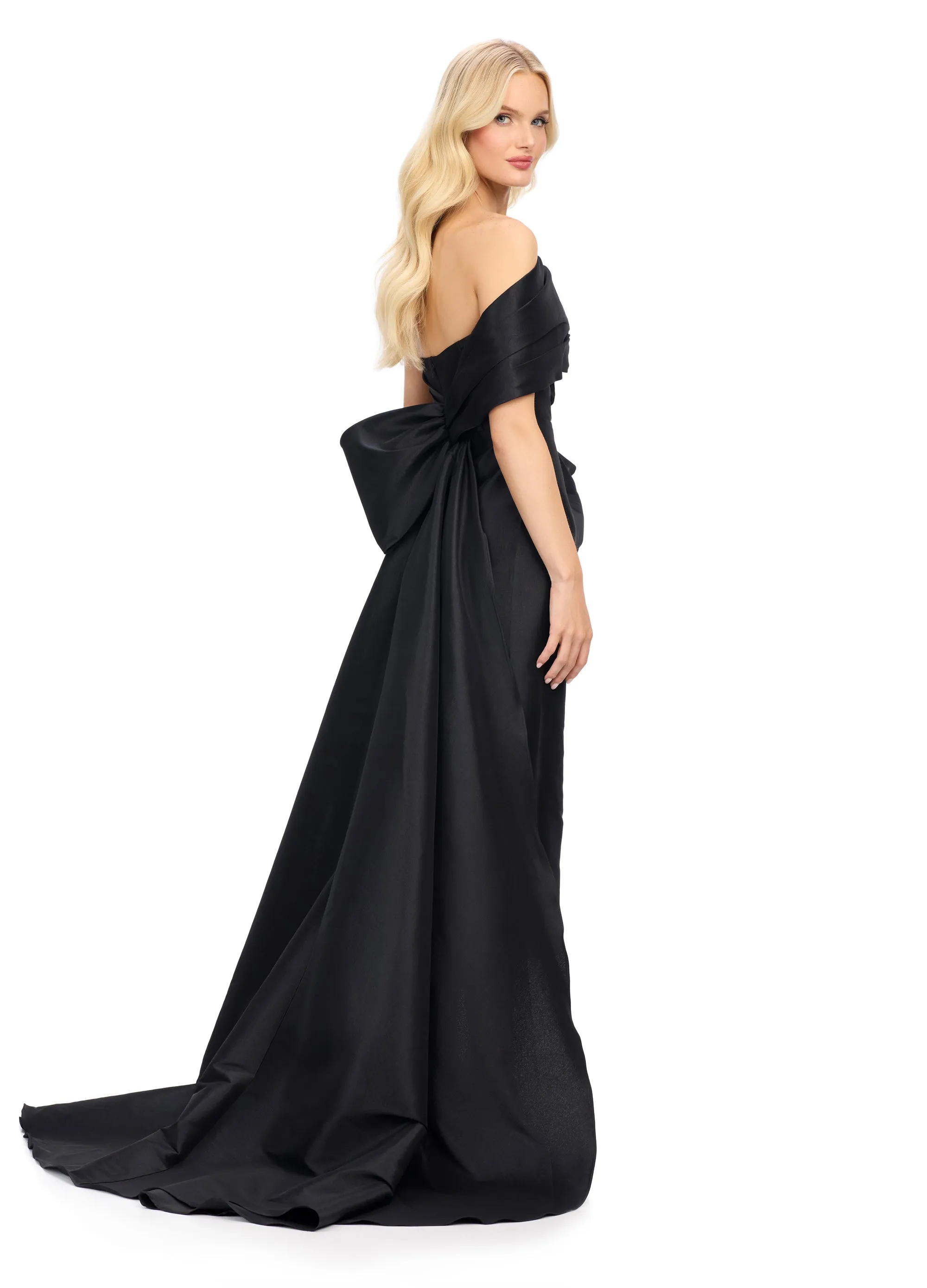 Ashley Lauren 11727 One Shoulder Evening Gown Wrap Strap Sheath Dress with Half Bow Leading to Overskirt with Train