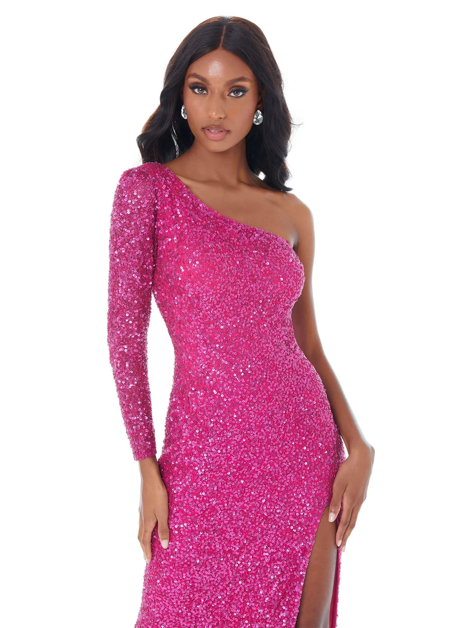 Ashley Lauren 1977 size 6 Electric Pink Prom Pageant Dress One Sleeve Fully Beaded Long Prom Dress with High Side Slit
