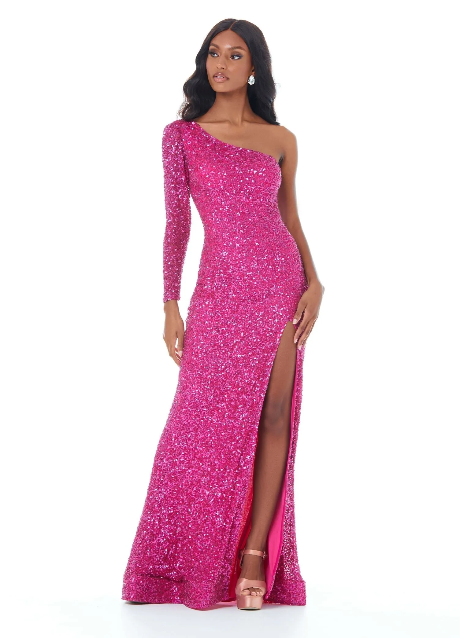 Ashley Lauren 1977 size 6 Electric Pink Prom Pageant Dress One Sleeve Fully Beaded Long Prom Dress with High Side Slit