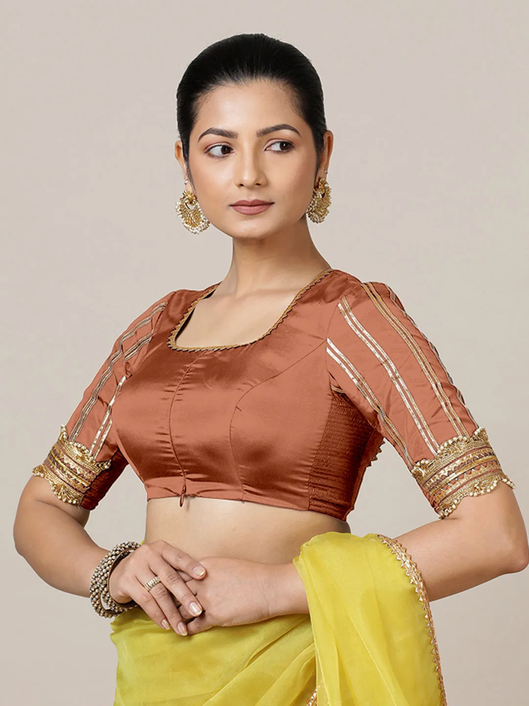 Aziza x Tyohaar | Elbow Sleeves Saree Blouse in Metallic Copper