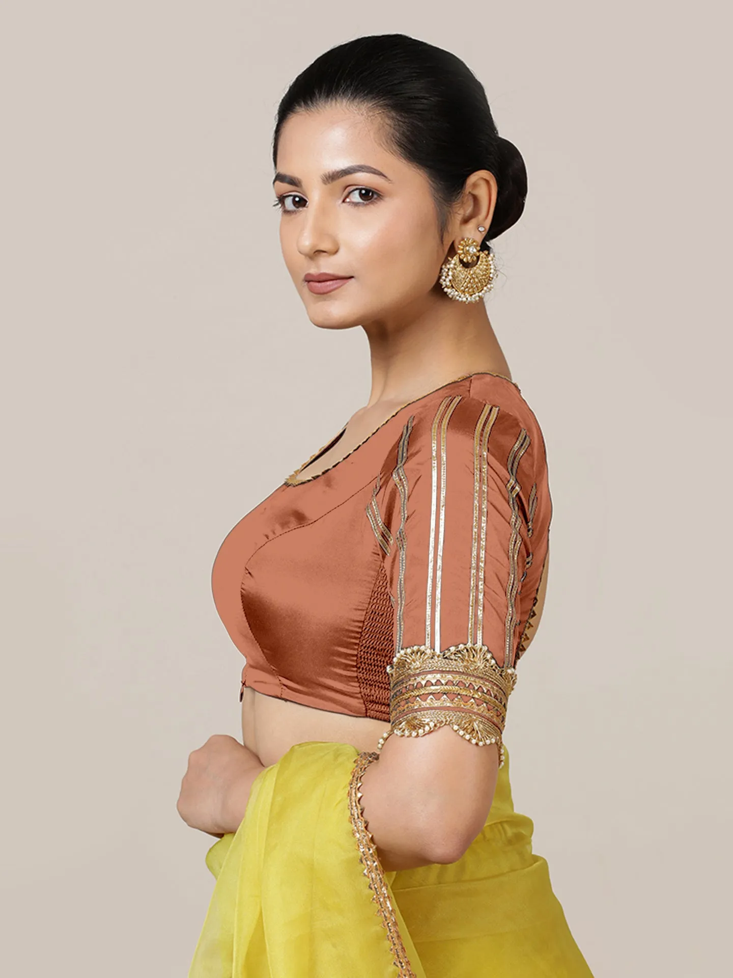 Aziza x Tyohaar | Elbow Sleeves Saree Blouse in Metallic Copper