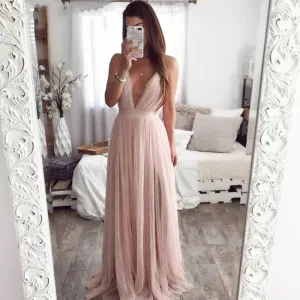 Back Cross Deep V Neck Floor Length Dress