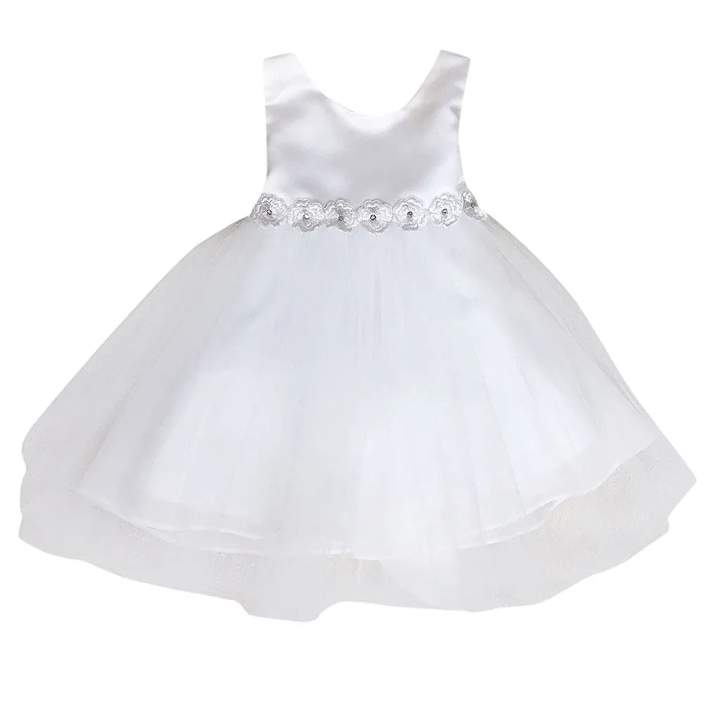 Big Girls White Satin Tulle Tea Length Junior Bridesmaid Dress 8-16