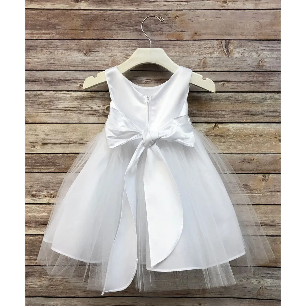 Big Girls White Satin Tulle Tea Length Junior Bridesmaid Dress 8-16