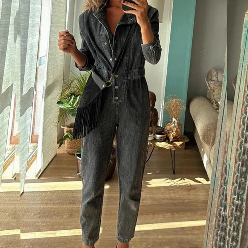 binfenxie  -  New 2024 Fall Casual O Neck Pocket Denim Playsuit Retro Long Sleeved Slim Romper Fashion Streetwear Elastic Waist Women Jumpsuit