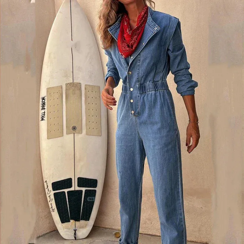 binfenxie  -  New 2024 Fall Casual O Neck Pocket Denim Playsuit Retro Long Sleeved Slim Romper Fashion Streetwear Elastic Waist Women Jumpsuit