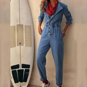 binfenxie  -  New 2024 Fall Casual O Neck Pocket Denim Playsuit Retro Long Sleeved Slim Romper Fashion Streetwear Elastic Waist Women Jumpsuit