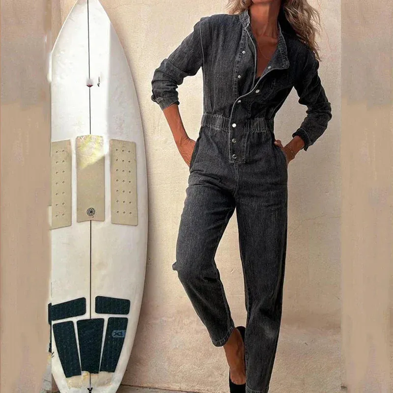 binfenxie  -  New 2024 Fall Casual O Neck Pocket Denim Playsuit Retro Long Sleeved Slim Romper Fashion Streetwear Elastic Waist Women Jumpsuit
