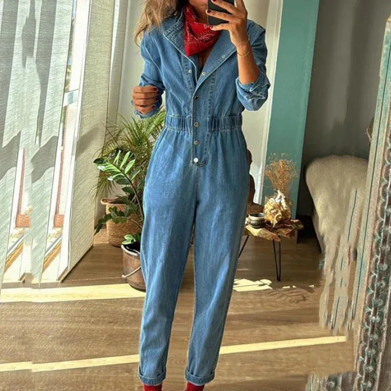 binfenxie  -  New 2024 Fall Casual O Neck Pocket Denim Playsuit Retro Long Sleeved Slim Romper Fashion Streetwear Elastic Waist Women Jumpsuit