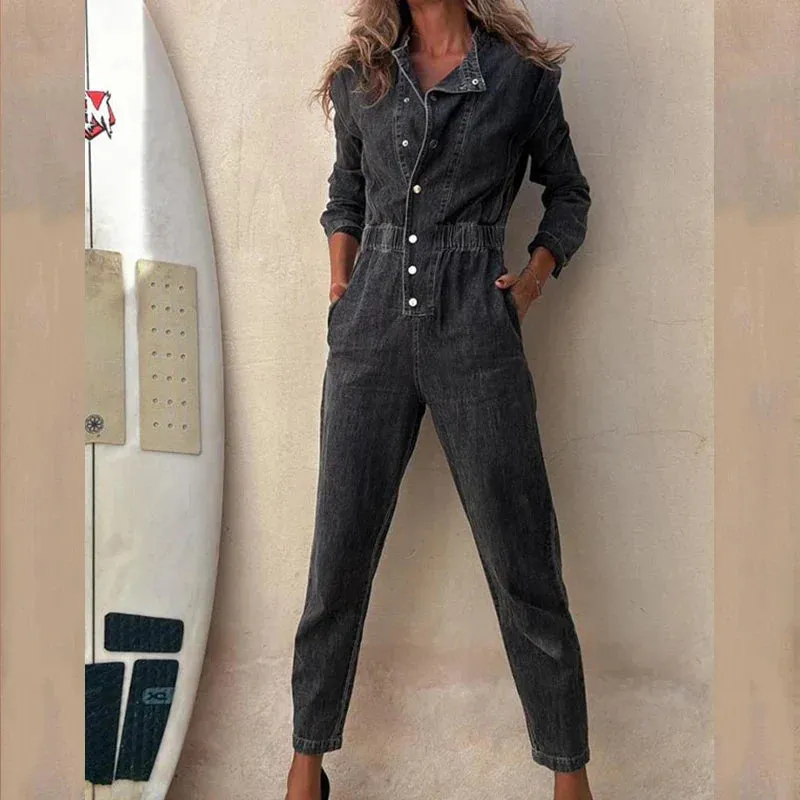 binfenxie  -  New 2024 Fall Casual O Neck Pocket Denim Playsuit Retro Long Sleeved Slim Romper Fashion Streetwear Elastic Waist Women Jumpsuit