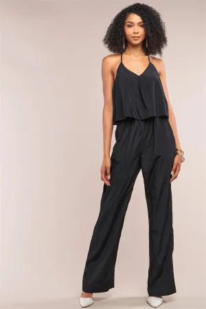 Black Sleeveless V-Neck Razor Back Layered Trim Wide Leg Jumpsuit /1-2-2-1