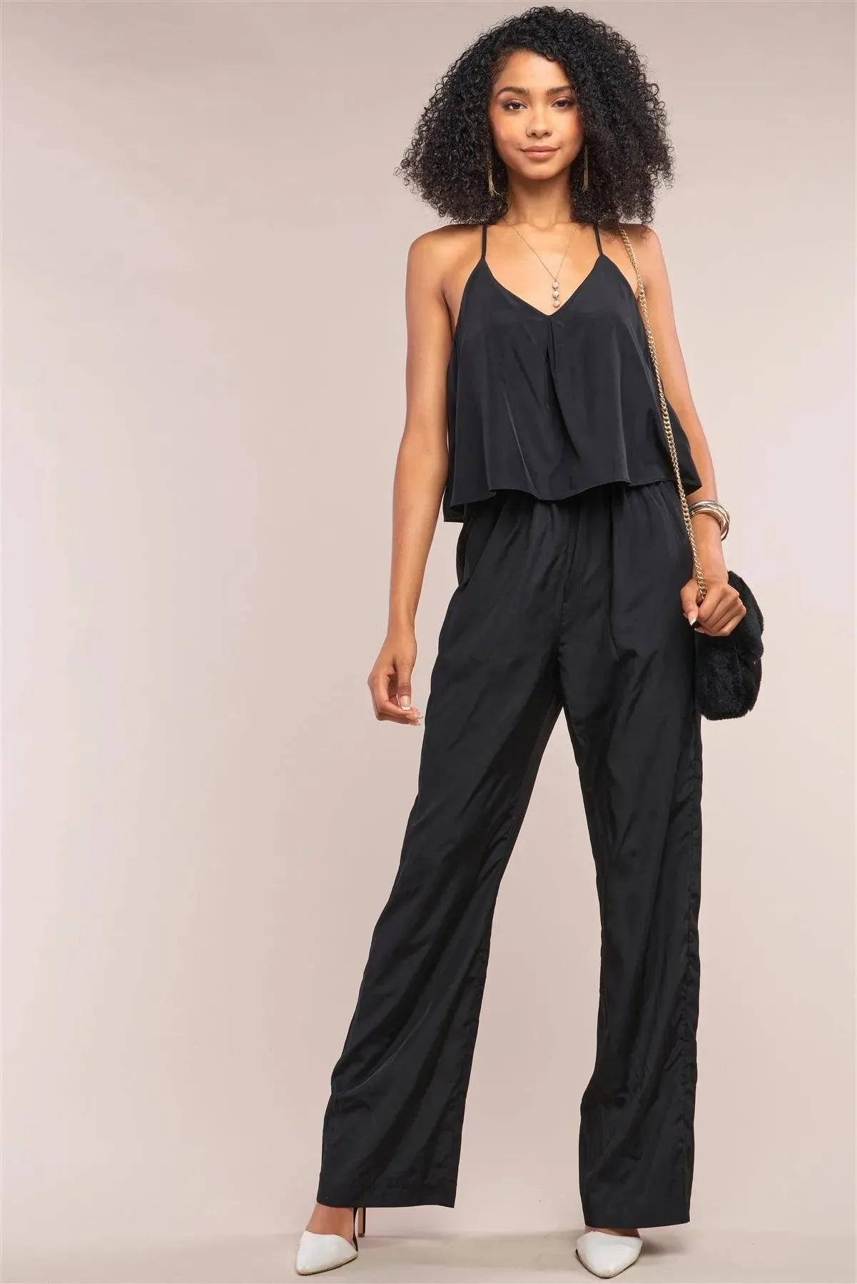 Black Sleeveless V-Neck Razor Back Layered Trim Wide Leg Jumpsuit /1-2-2-1