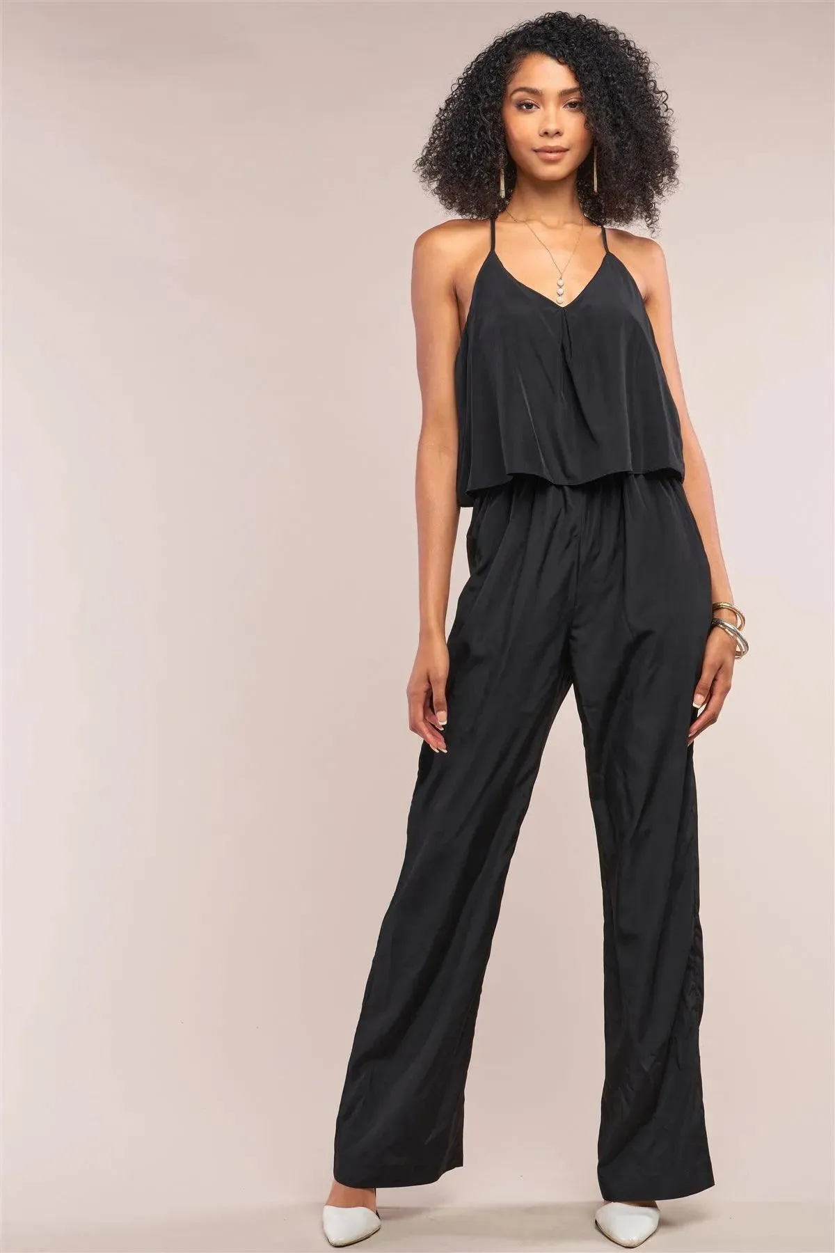 Black Sleeveless V-Neck Razor Back Layered Trim Wide Leg Jumpsuit /1-2-2-1