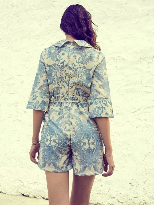 Blue & White Linen Printed Jumpsuit