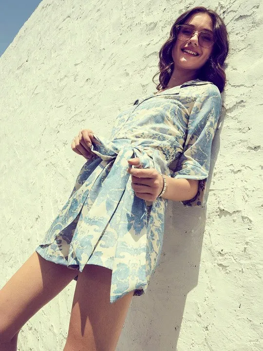 Blue & White Linen Printed Jumpsuit